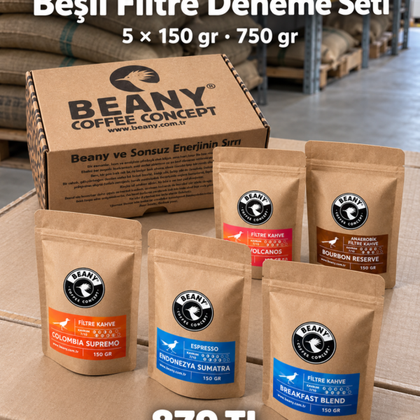 Beşli Filtre Deneme Seti, beş farklı kahveyle 5 × 150 gram, Beany kutusuyla kahve deposunda