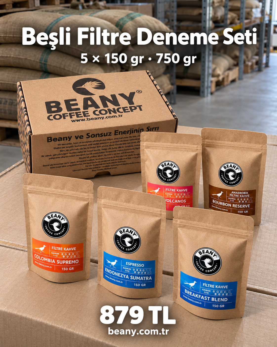 Beşli Filtre Deneme Seti, beş farklı kahveyle 5 × 150 gram, Beany kutusuyla kahve deposunda