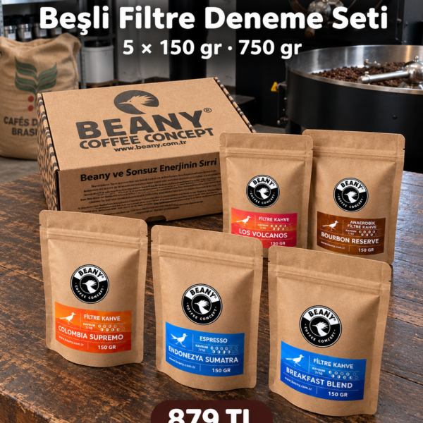 Beşli Filtre Deneme Seti, beş adet 150 gram kahve ve Beany kutusu kavurma alanında