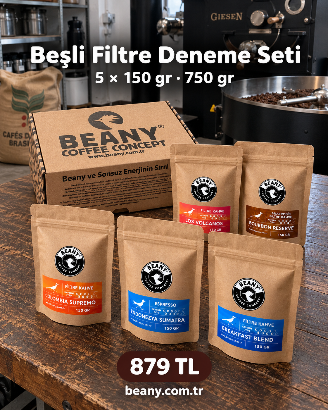 Beşli Filtre Deneme Seti, beş adet 150 gram kahve ve Beany kutusu kavurma alanında