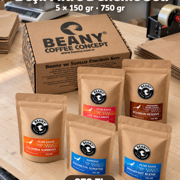 Beşli Filtre Deneme Seti, Colombia, Los Volcanos, Bourbon Reserve, Sumatra ve Breakfast Blend paketleme masasında