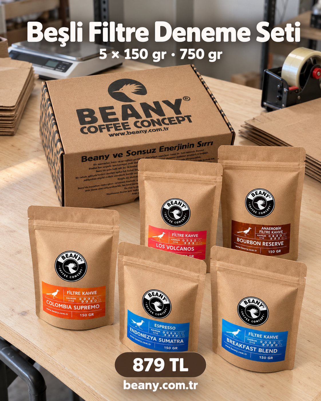 Beşli Filtre Deneme Seti, Colombia, Los Volcanos, Bourbon Reserve, Sumatra ve Breakfast Blend paketleme masasında