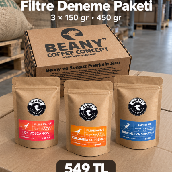 Single Origin Filtre Deneme Paketi, Colombia Supremo, Los Volcanos ve Sumatra ile 3 × 150 gram, Beany kutusuyla kahve deposunda