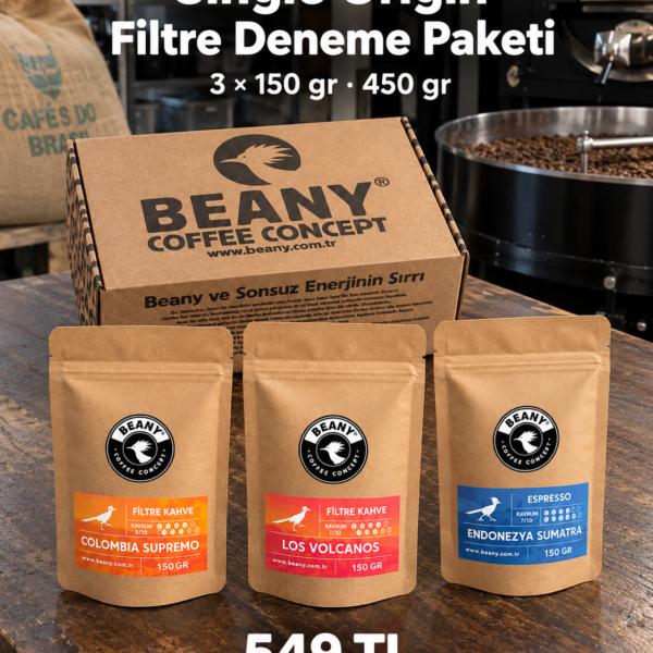 Single Origin Filtre Deneme Paketi, üç adet 150 gram kahve ve Beany kutusu kavurma alanında