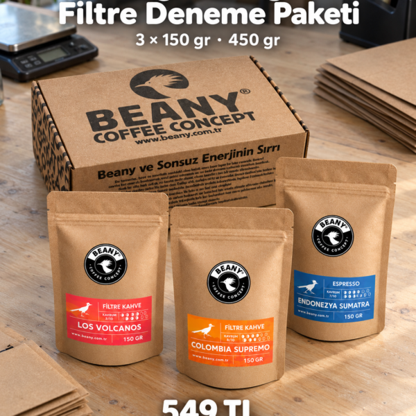 Single Origin Filtre Deneme Paketi, Colombia Supremo, Los Volcanos ve Sumatra kahveleri paketleme masasında