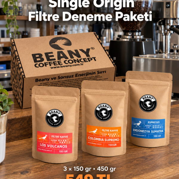 Single Origin Filtre Deneme Paketi, üç adet 150 gram kahve ve Beany kutusu, kahve tezgâhında